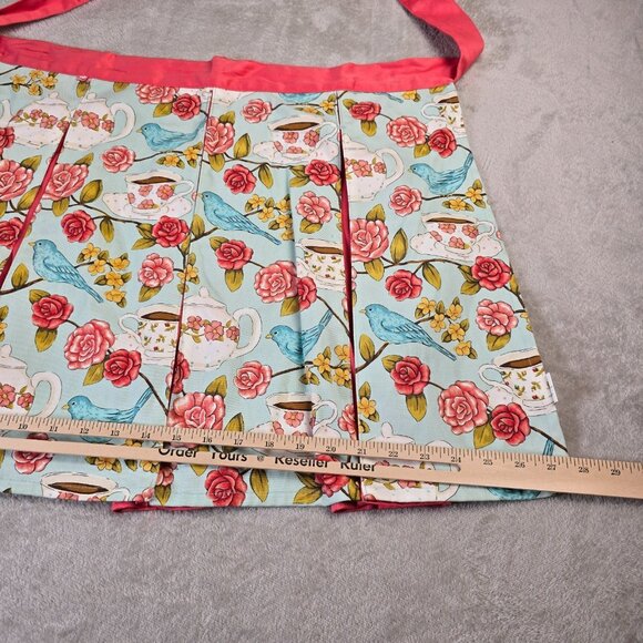 Ritz Apron Half Bluebird Rose Teapot Print Aqua Pink Vintage Cottagecore Kitchen - Picture 7 of 11